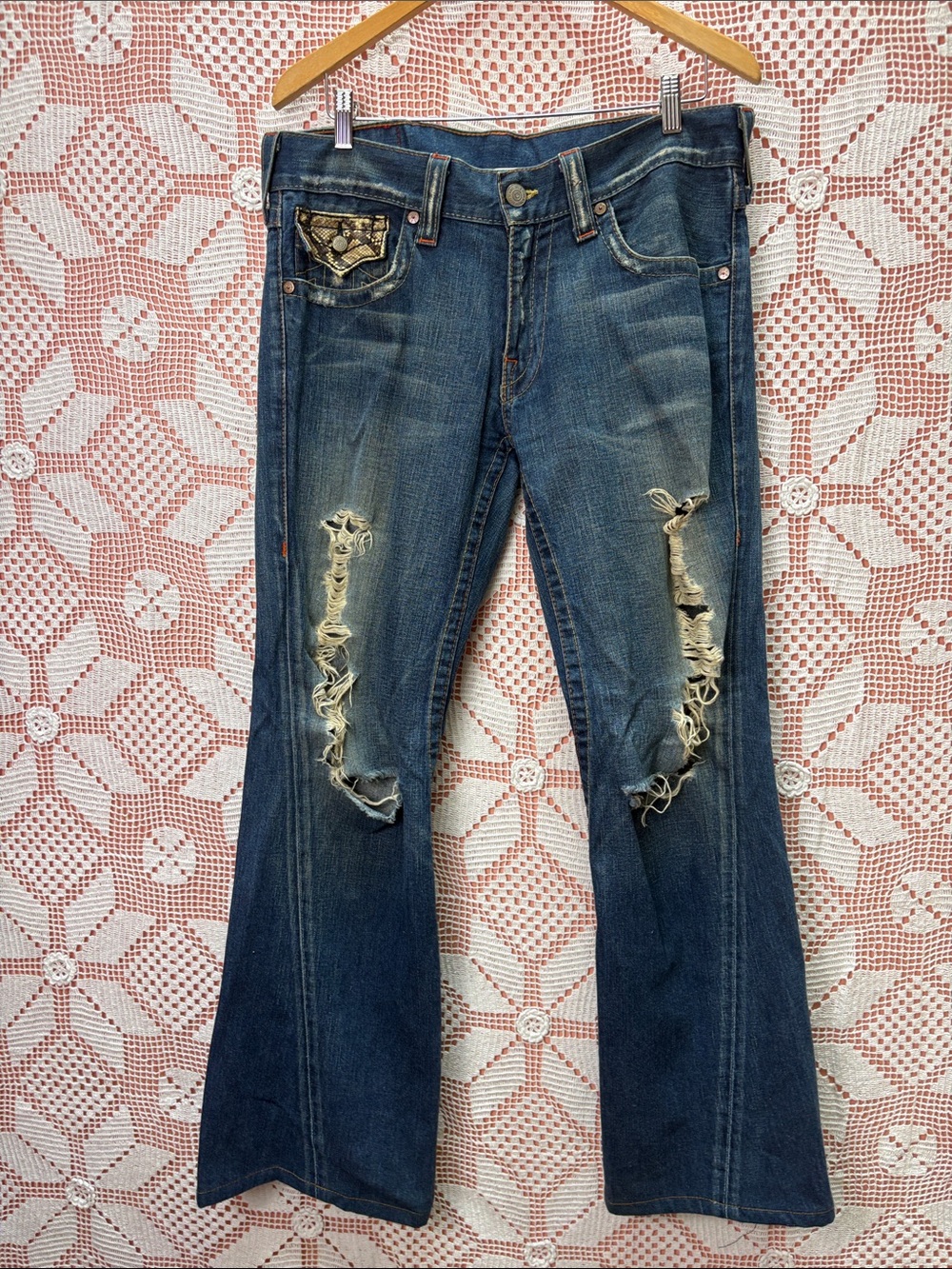 Rare True Religion Joey Distressed Flare Jeans Snake Print Y2K